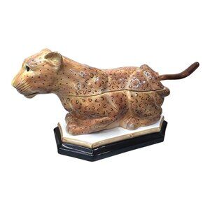 Hand-Painted Ceramic Leopard Tureen in Tan